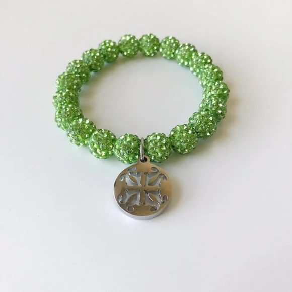 Rustic Cuff Emerson Lime Green Crystal Silver Bead Stretch Bracelet